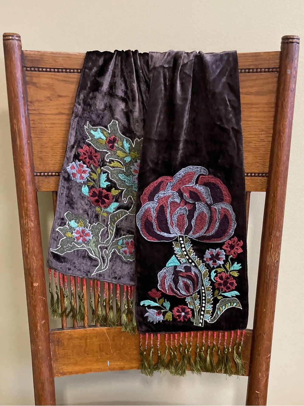 Chan Luu | Embroidered Velvet Floral Scarf w/ Beaded Fringe NWOT